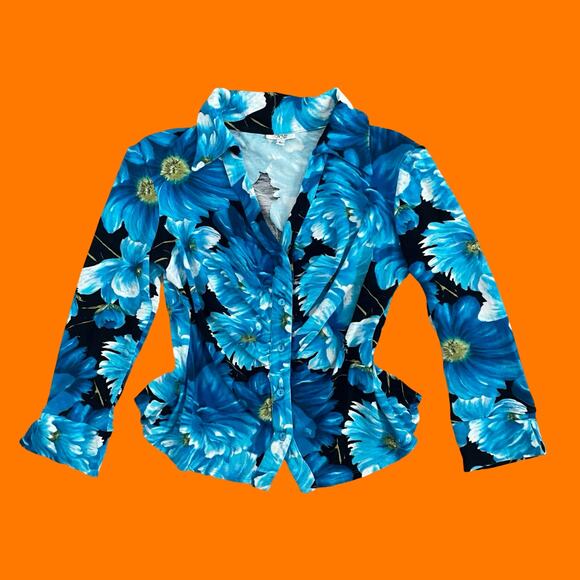 90's 00's vintage daisy floral collared bodycon blouse y2k LARGE caché - Picture 1 of 7